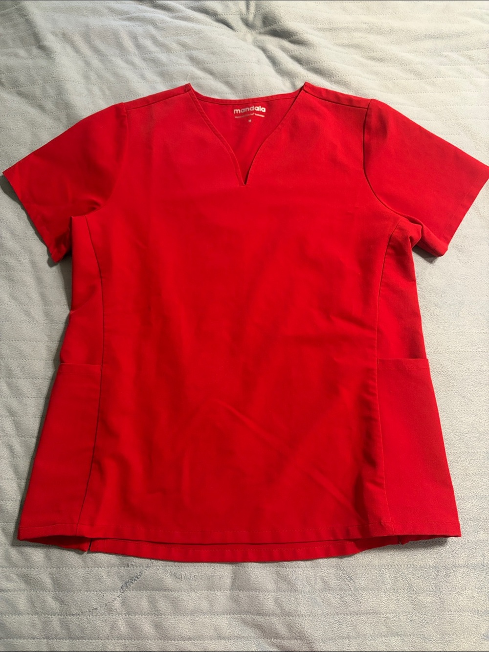 Mandala Crimson Red Curved V-Neck Scrub Top Medium